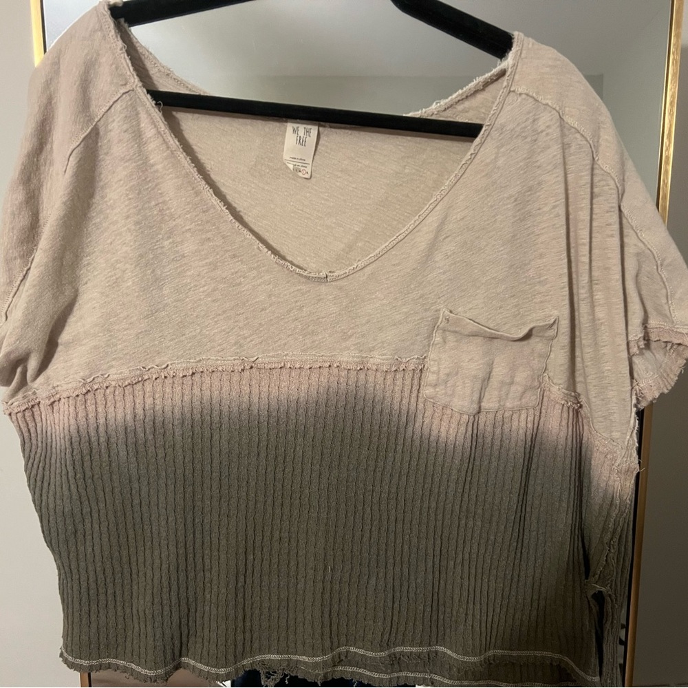 We The Free Beige/ Green Off the Shoulder Top